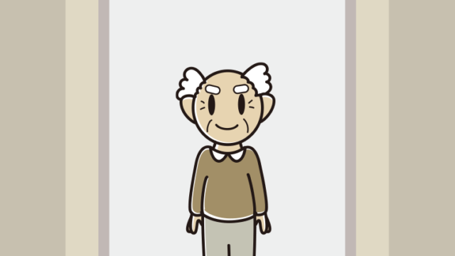 エレベーターに乗るおじいさんのイラスト【色、背景あり】PNG