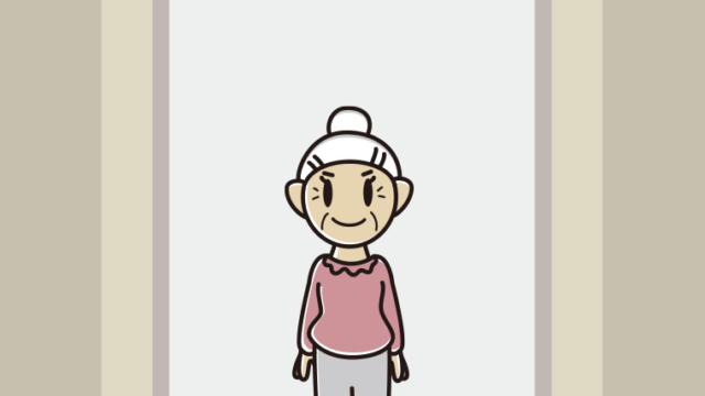 エレベーターに乗るおばあさんのイラスト【色、背景あり】PNG