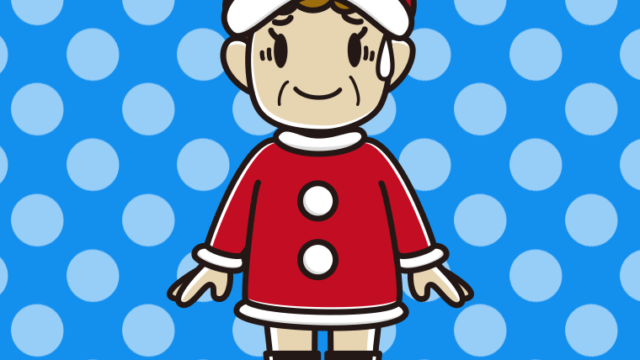 苦笑いするサンタ姿のおばさんのイラスト【色、背景あり】PNG