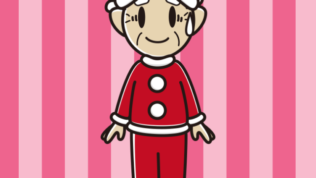 苦笑いするサンタ姿のおじいさんのイラスト【色、背景あり】PNG