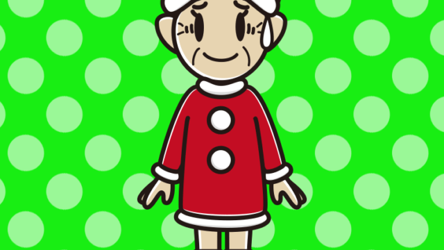 苦笑いするサンタ姿のおばあさんのイラスト【色、背景あり】PNG