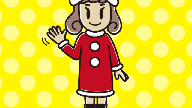 手を振るサンタ姿の女子大学生のイラスト【色、背景あり】PNG