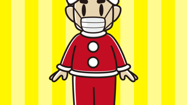 マスクをするサンタ姿のおじさんのイラスト【色、背景あり】PNG