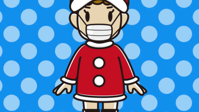 マスクをするサンタ姿のおばさんのイラスト【色、背景あり】PNG