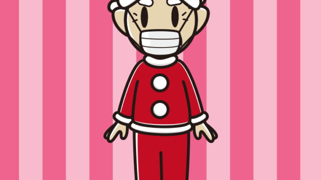 マスクをするサンタ姿のおじいさんのイラスト【色、背景あり】PNG