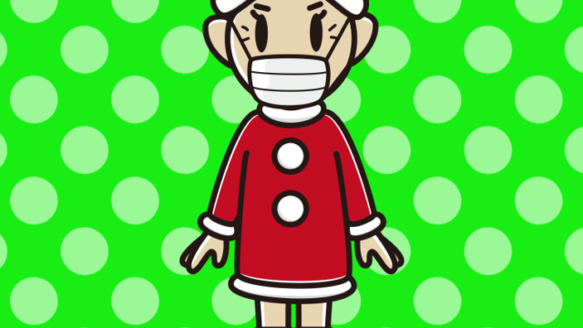 マスクをするサンタ姿のおばあさんのイラスト【色、背景あり】PNG