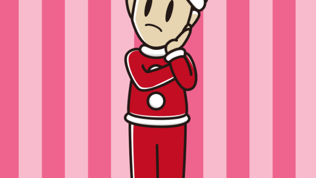 考えるサンタ姿の男性のイラスト【色、背景あり】PNG