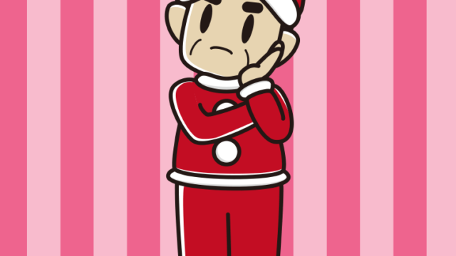 考えるサンタ姿のおじさんのイラスト【色、背景あり】PNG