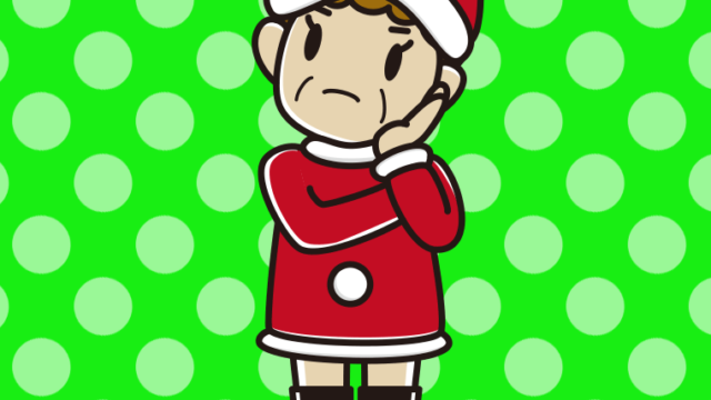 考えるサンタ姿のおばさんのイラスト【色、背景あり】PNG