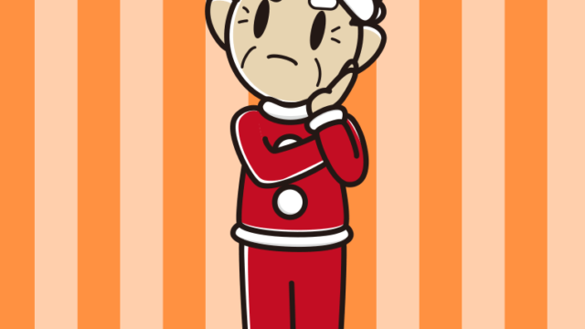 考えるサンタ姿のおじいさんのイラスト【色、背景あり】PNG