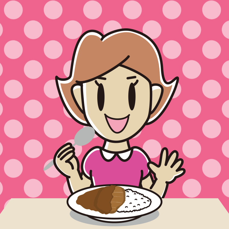 カツカレーを食べる女性のイラスト【色、背景あり】PNG