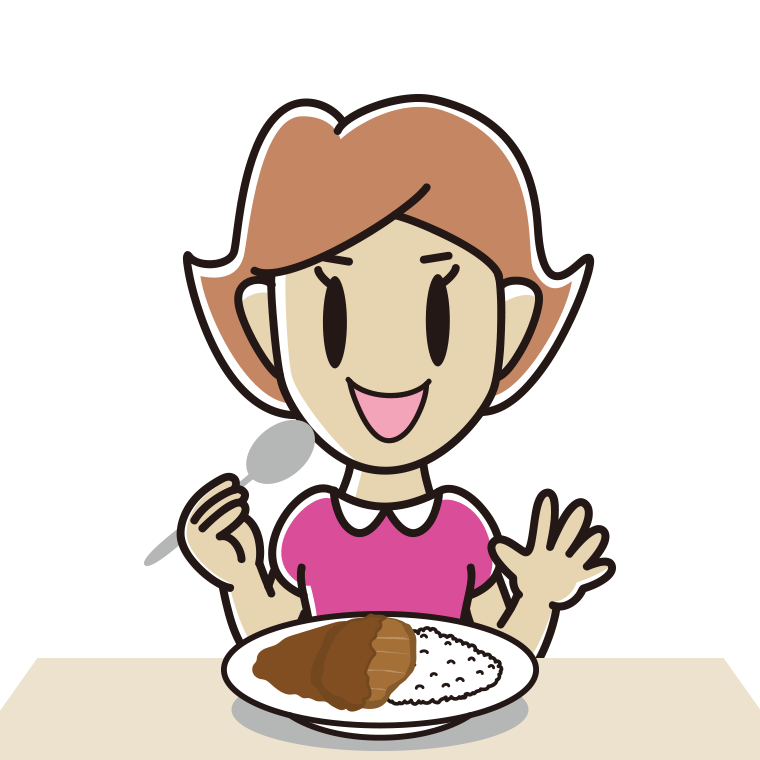 カツカレーを食べる女性のイラスト【色あり、背景なし】透過PNG