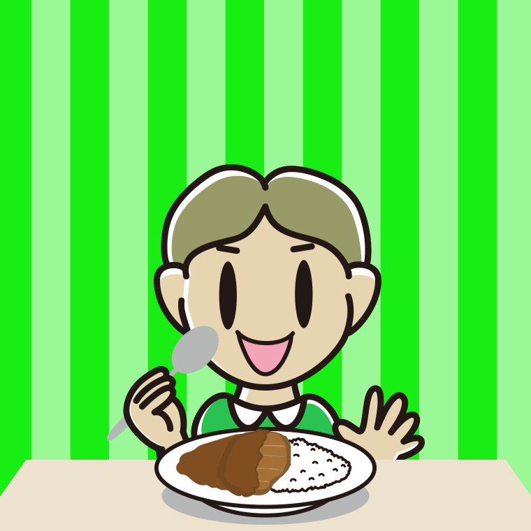 カツカレーを食べる小学生男子のイラスト【色、背景あり】PNG