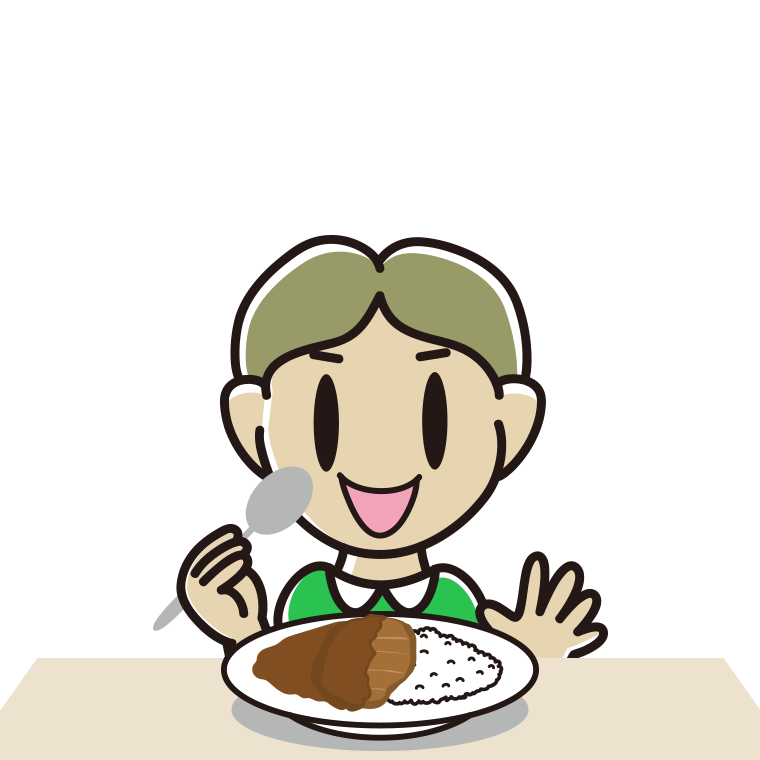 カツカレーを食べる小学生男子のイラスト【色あり、背景なし】透過PNG