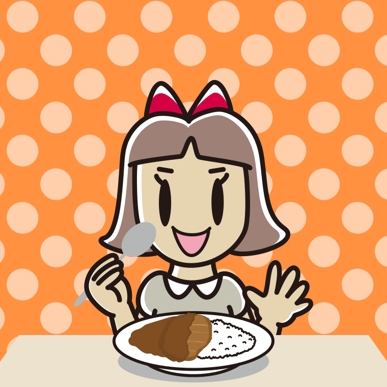 カツカレーを食べる小学生女子のイラスト【色、背景あり】PNG