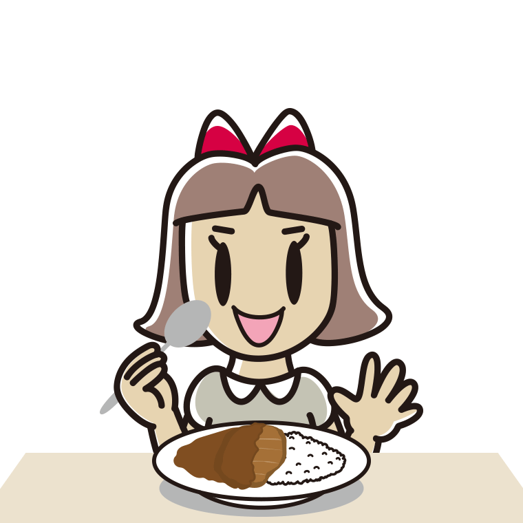 カツカレーを食べる小学生女子のイラスト【色あり、背景なし】透過PNG