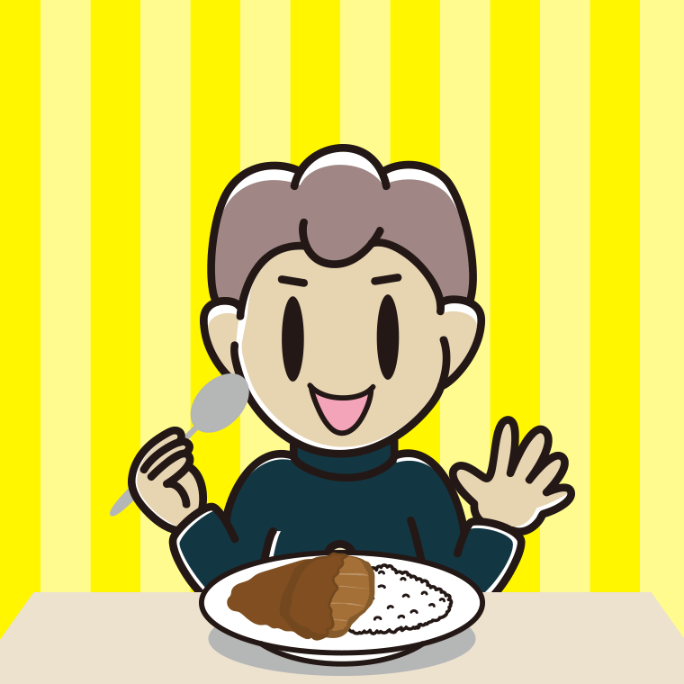 カツカレーを食べる男子中学生のイラスト【色、背景あり】PNG