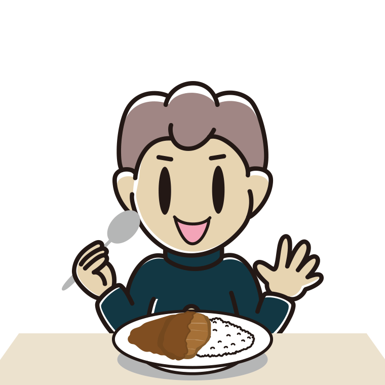 カツカレーを食べる男子中学生のイラスト【色あり、背景なし】透過PNG