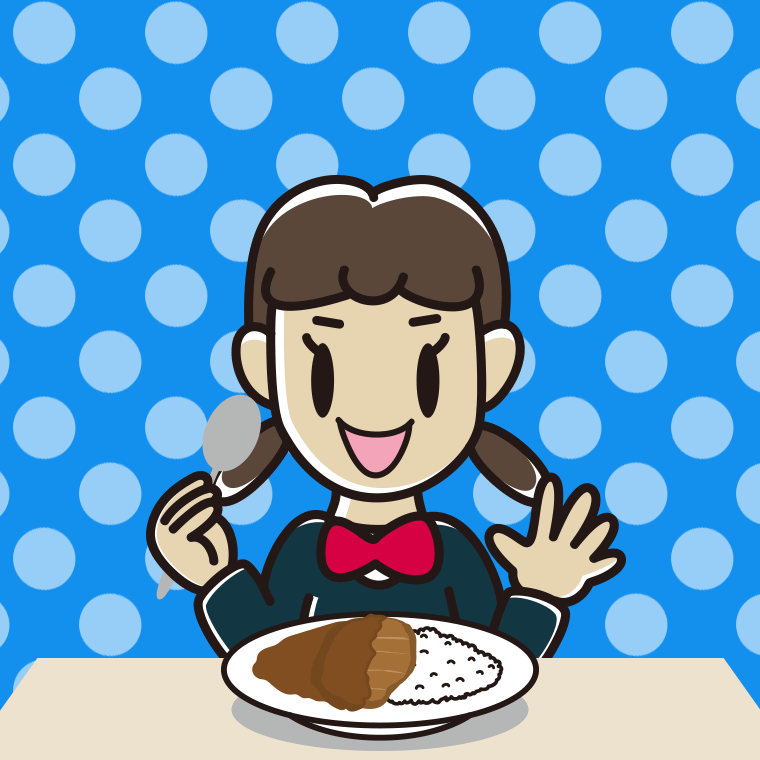 カツカレーを食べる女子中学生のイラスト【色、背景あり】PNG