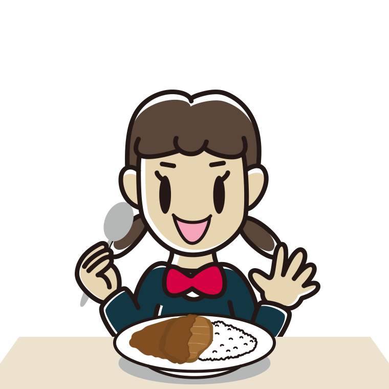 カツカレーを食べる女子中学生のイラスト【色あり、背景なし】透過PNG