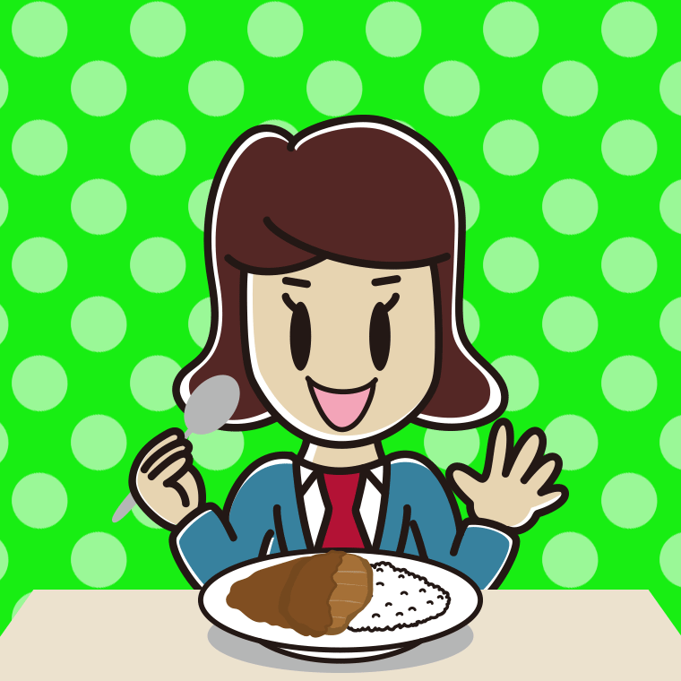 カツカレーを食べる女子高校生のイラスト【色、背景あり】PNG
