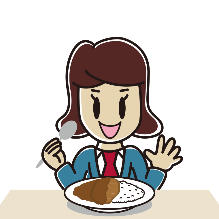 カツカレーを食べる女子高校生のイラスト【色あり、背景なし】透過PNG