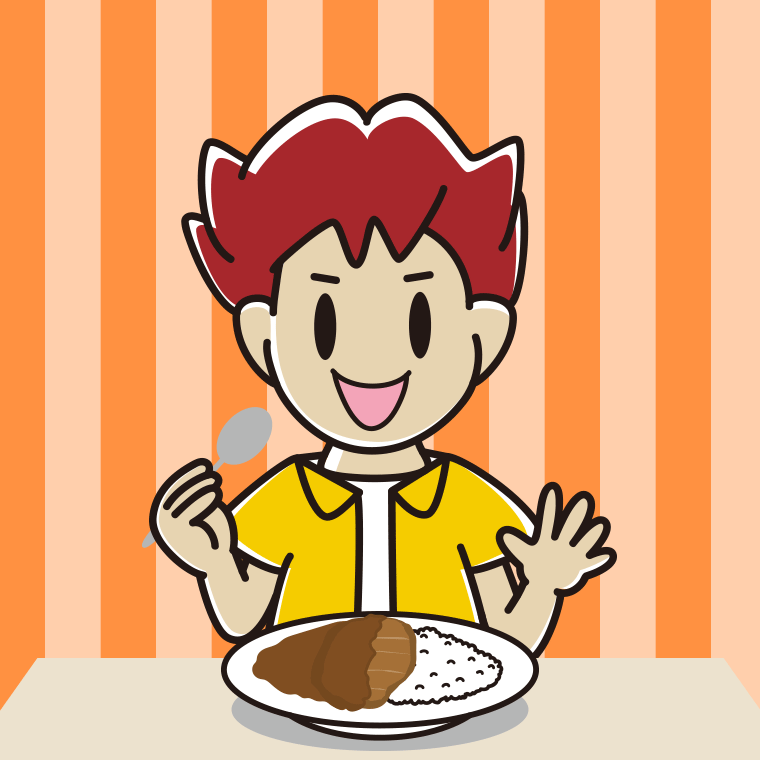 カツカレーを食べる男子大学生のイラスト【色、背景あり】PNG