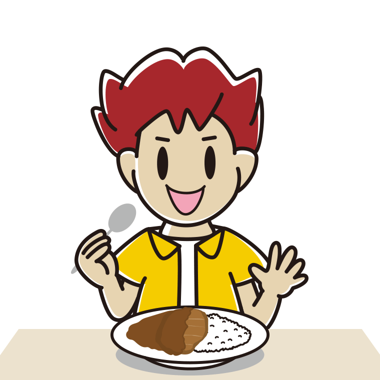 カツカレーを食べる男子大学生のイラスト【色あり、背景なし】透過PNG