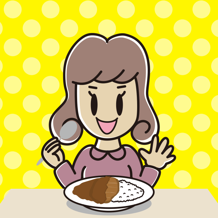 カツカレーを食べる女子大学生のイラスト【色、背景あり】PNG