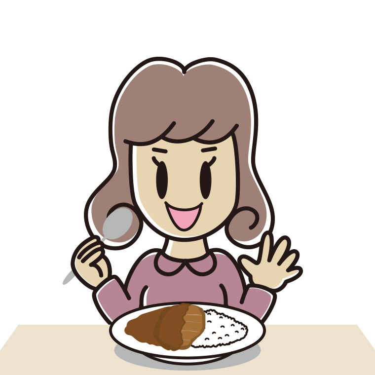 カツカレーを食べる女子大学生のイラスト【色あり、背景なし】透過PNG