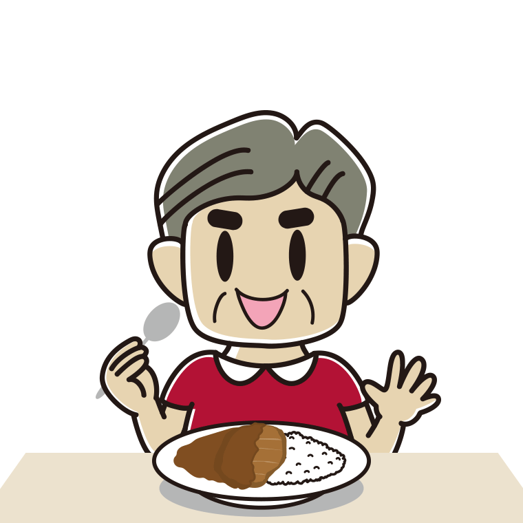 カツカレーを食べるおじさんのイラスト【色あり、背景なし】透過PNG