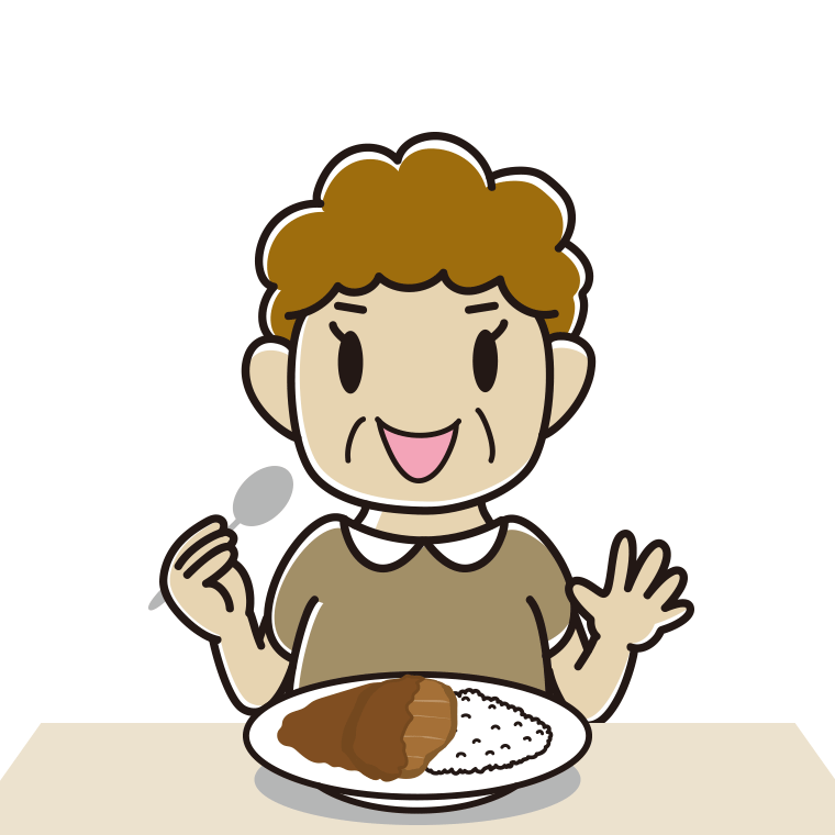 カツカレーを食べるおばさんのイラスト【色あり、背景なし】透過PNG