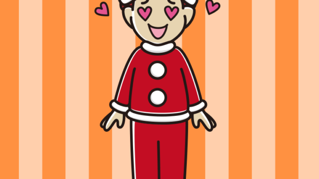 目がハートのサンタ姿の男子大学生のイラスト【色、背景あり】PNG