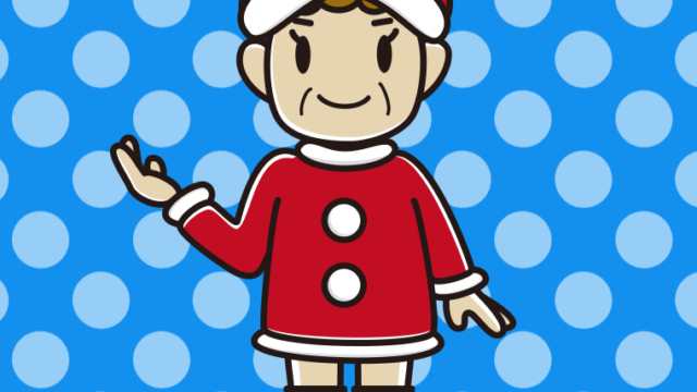 案内するサンタ姿のおばさんのイラスト【色、背景あり】PNG