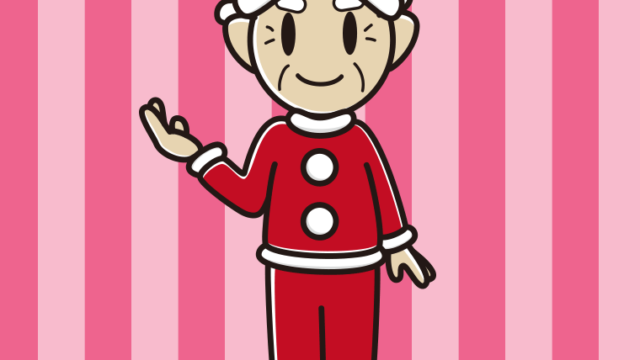 案内するサンタ姿のおじいさんのイラスト【色、背景あり】PNG