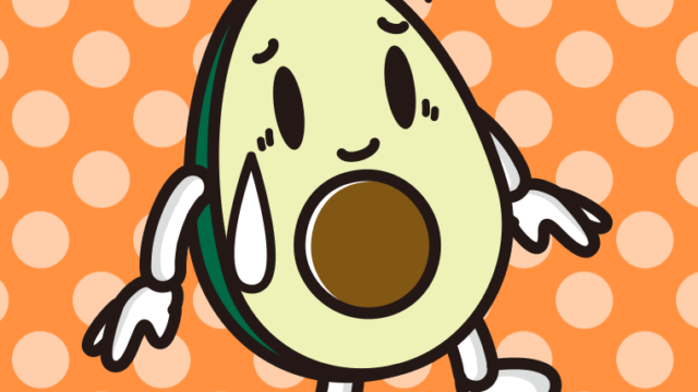 苦笑いするアボカドちゃんのイラスト【色、背景あり】PNG