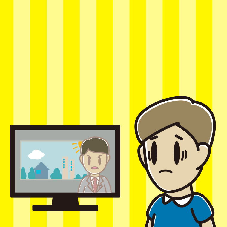 テレビを見て困る男性のイラスト【色、背景あり】PNG