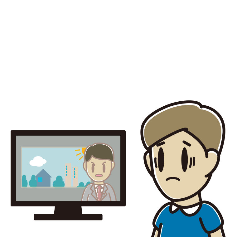 テレビを見て困る男性のイラスト【色あり、背景なし】透過PNG