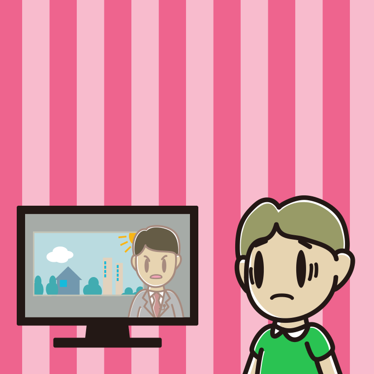 テレビを見て困る小学生男子のイラスト【色、背景あり】PNG