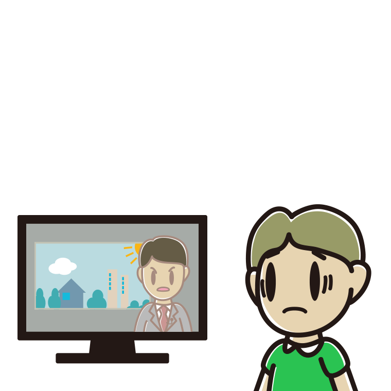 テレビを見て困る小学生男子のイラスト【色あり、背景なし】透過PNG