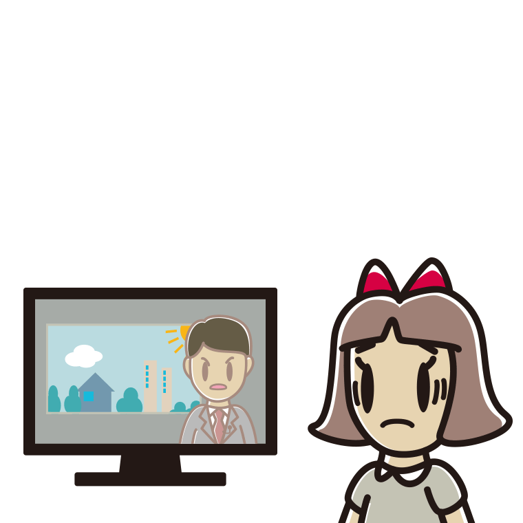 テレビを見て困る小学生女子のイラスト【色あり、背景なし】透過PNG