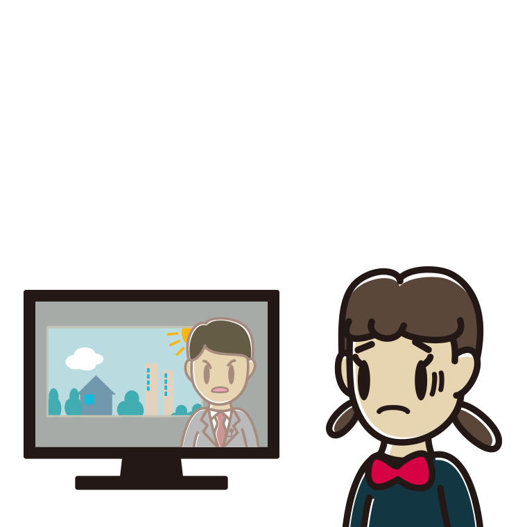 テレビを見て困る女子中学生のイラスト【色あり、背景なし】透過PNG