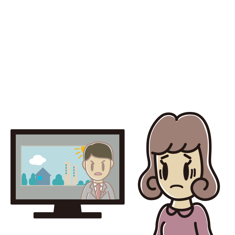 テレビを見て困る女子大学生のイラスト【色あり、背景なし】透過PNG