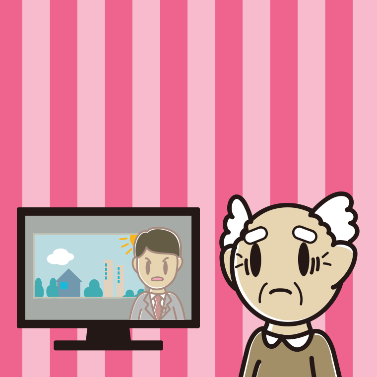 テレビを見て困るおじいさんのイラスト【色、背景あり】PNG