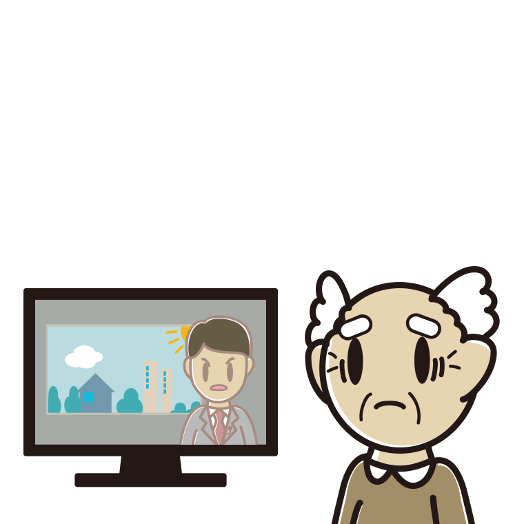 テレビを見て困るおじいさんのイラスト【色あり、背景なし】透過PNG