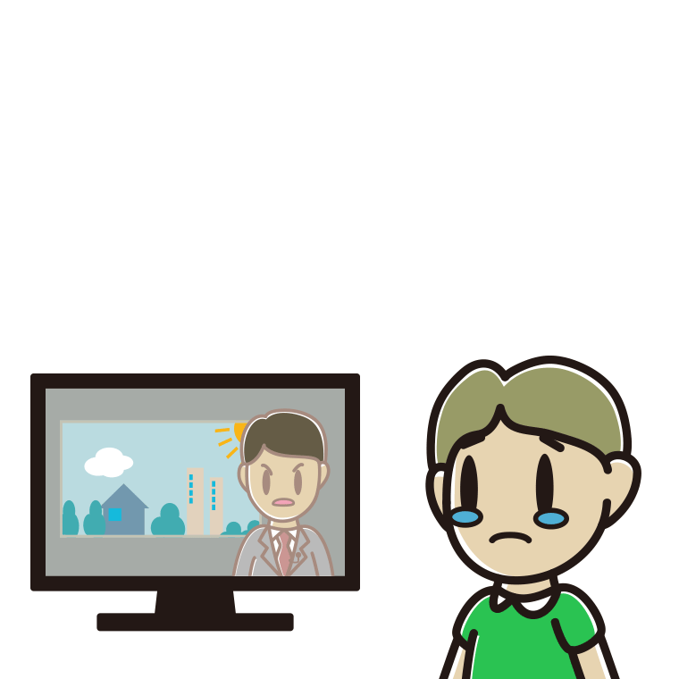 テレビを見て泣く小学生男子のイラスト【色あり、背景なし】透過PNG