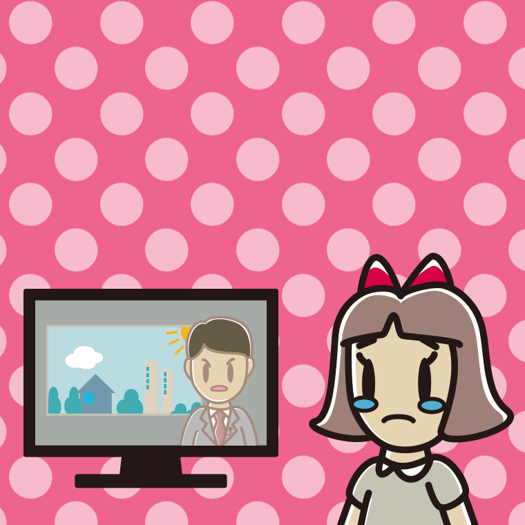 テレビを見て泣く小学生女子のイラスト【色、背景あり】PNG