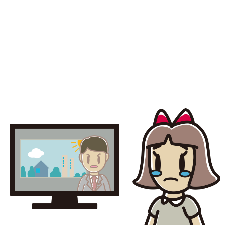 テレビを見て泣く小学生女子のイラスト【色あり、背景なし】透過PNG