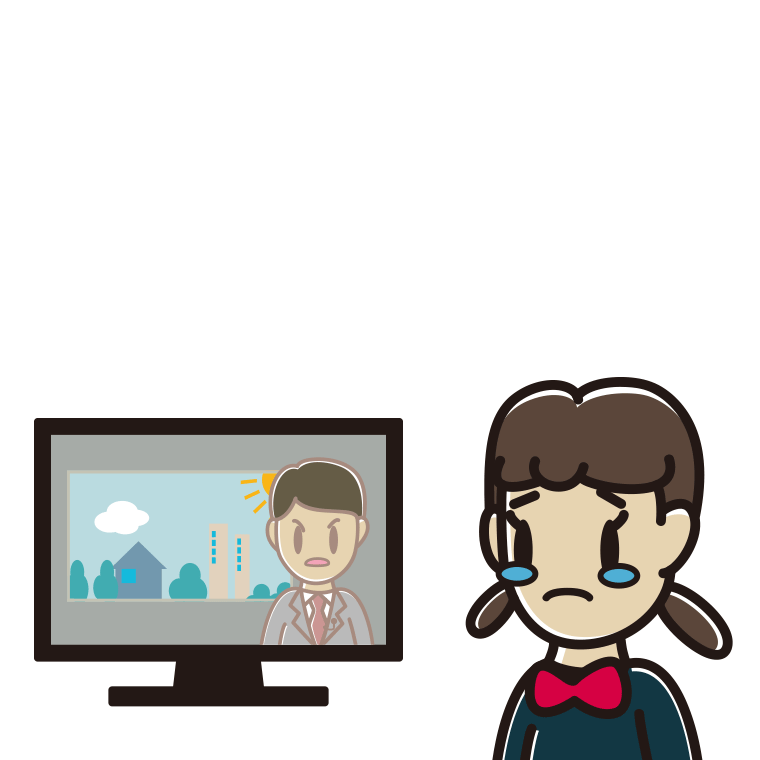 テレビを見て泣く女子中学生のイラスト【色あり、背景なし】透過PNG