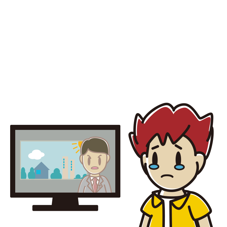 テレビを見て泣く男子大学生のイラスト【色あり、背景なし】透過PNG